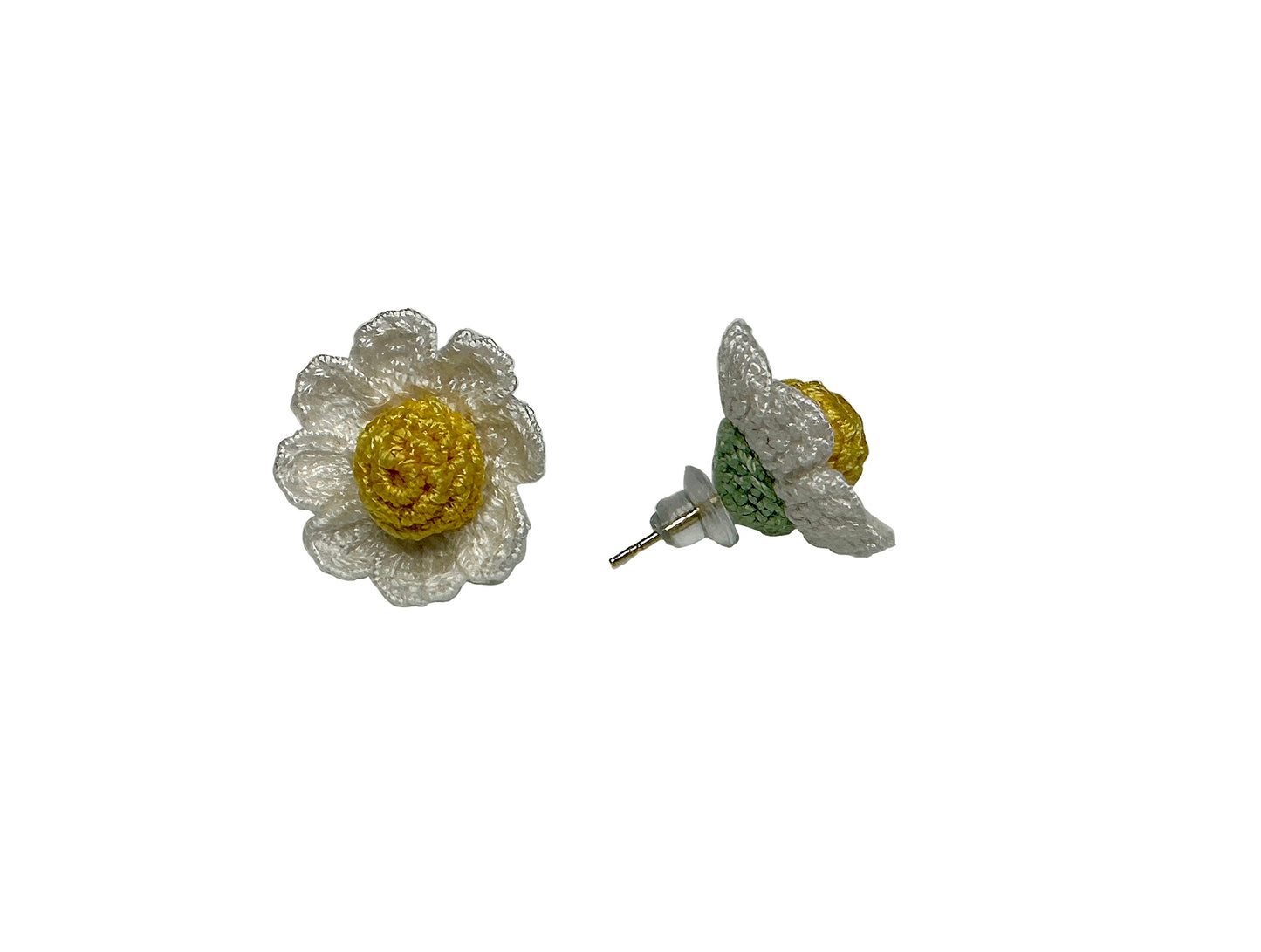 Handmade Crochet Flower Stud Earrings, White and Yellow Lightweight Summer Jewelry, Cute Floral Gift for Women Girls