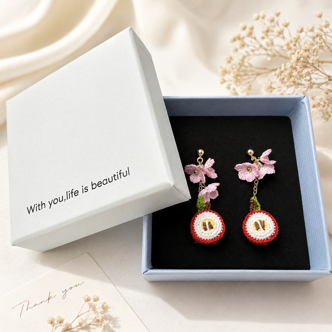 Cute Apple Earrings 🍎 Flower Crochet Dangle | Kawaii Handmade Jewelry | Tiny Fruit Earrings | Gift for Her