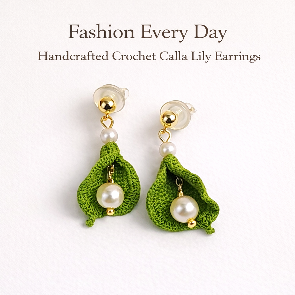 Hand Crocheted Calla Lily Earrings, Micro Crochet Flower Earrings with 6mm faux pearl bead, Handmade Botanical Jewelry