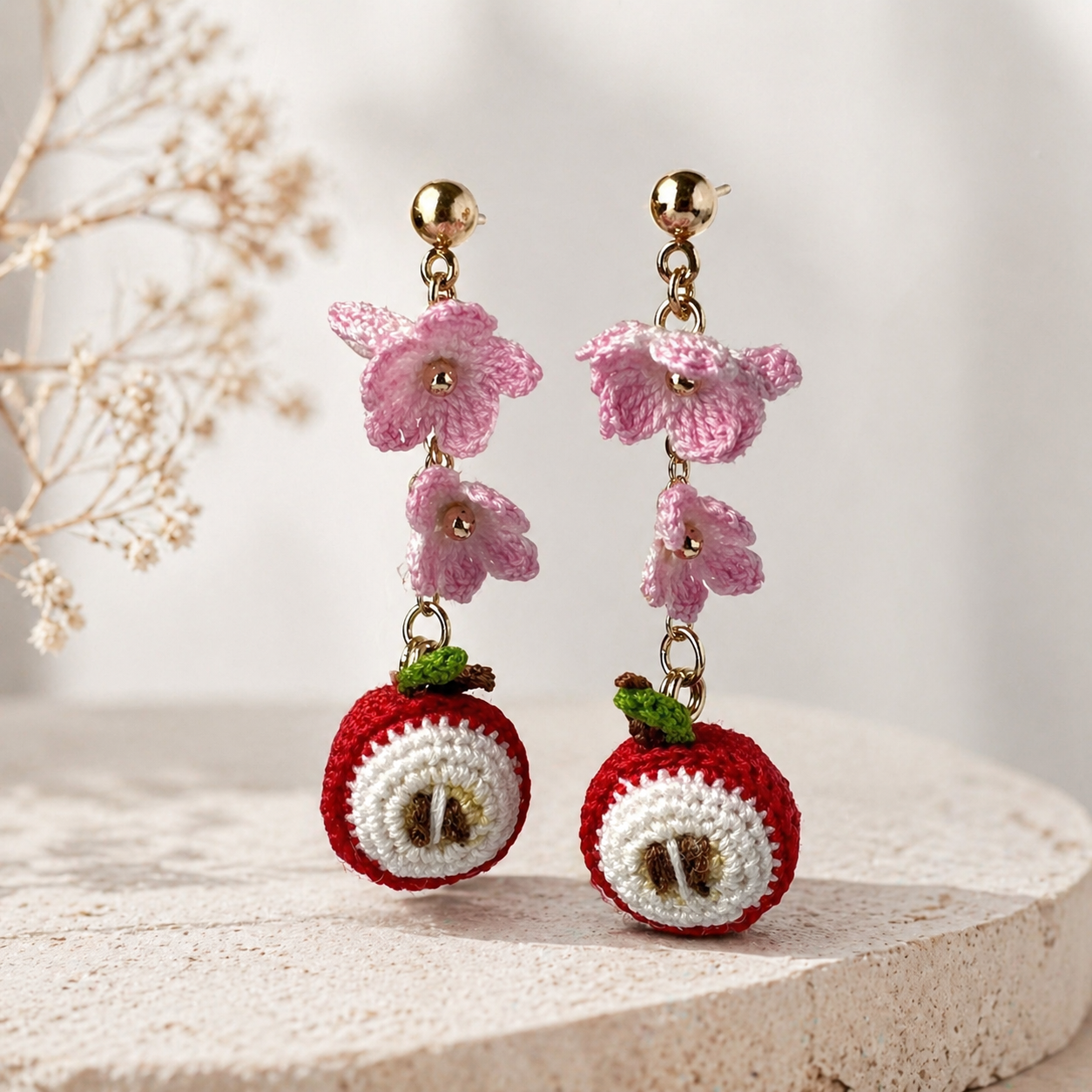 Cute Apple Earrings 🍎 Flower Crochet Dangle | Kawaii Handmade Jewelry | Tiny Fruit Earrings | Gift for Her