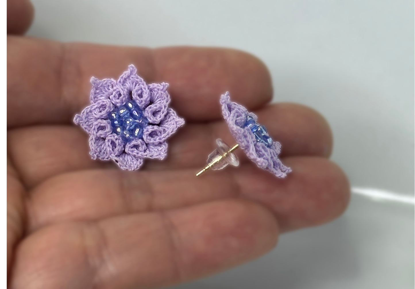 Handmade Micro Crochet Flower Stud Earrings with glass beads