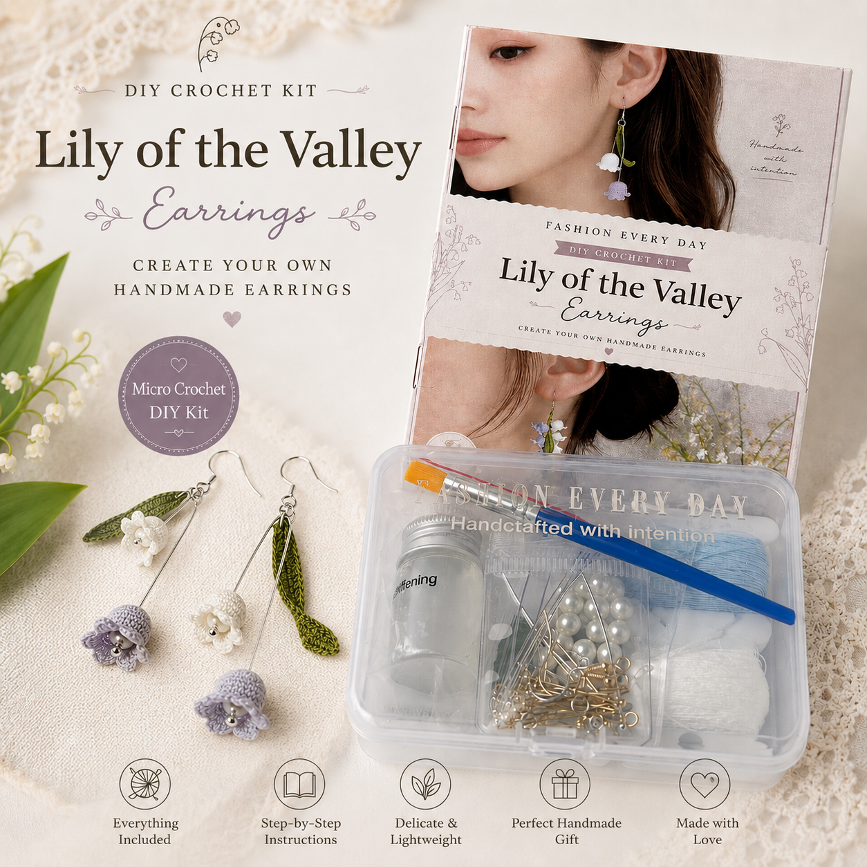 Lily of the Valley Crochet Earring DIY Kit | Micro Crochet Jewelry Kit | Beginner Friendly Handmade Earrings Kit | Gift for Crochet Lovers