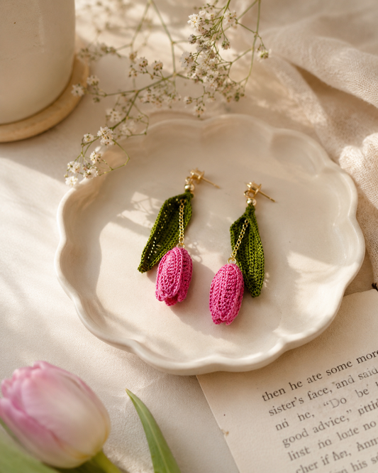Crochet Tulip Earrings, Handmade Flower Earrings, Micro Crochet Jewelry, Pink Tulip Dangle Earrings, Cottagecore Floral Gift for Her