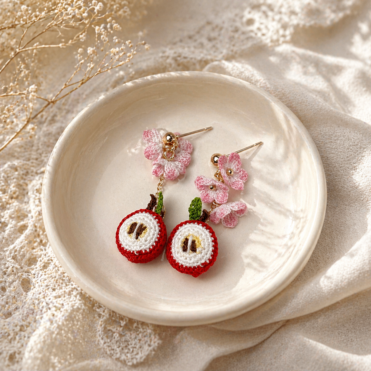 Cute Apple Earrings 🍎 Flower Crochet Dangle | Kawaii Handmade Jewelry | Tiny Fruit Earrings | Gift for Her