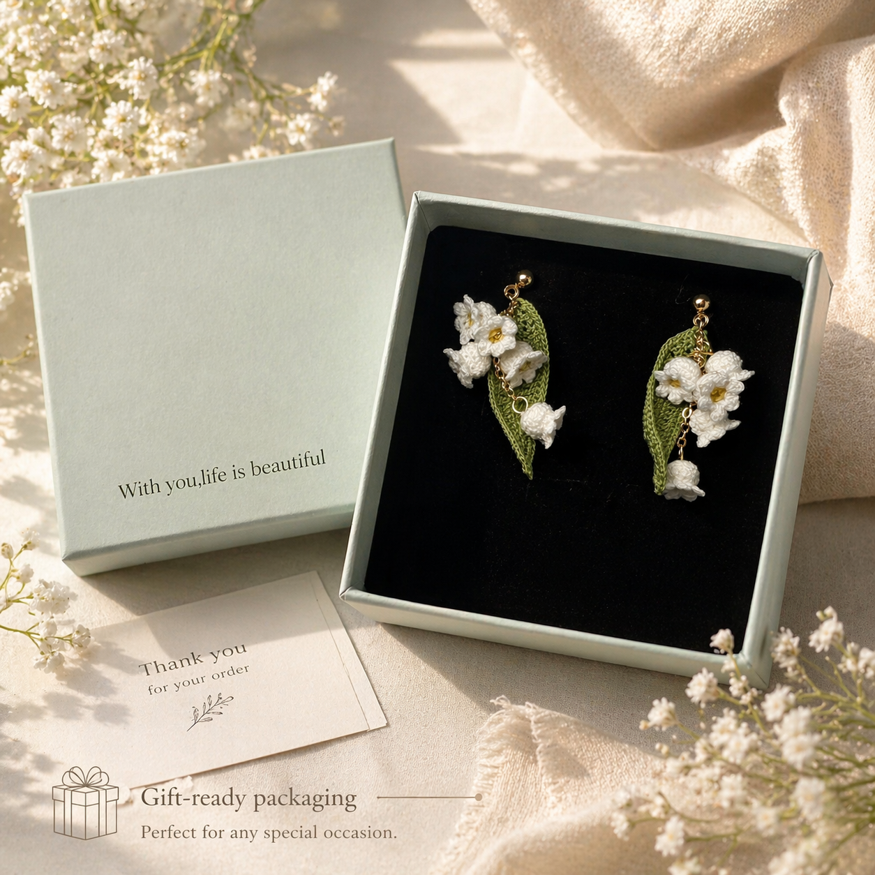 Lily of the Valley Earrings, Handmade Micro Crochet Flower Earrings, Delicate Floral Jewelry, Lightweight Gift for Her