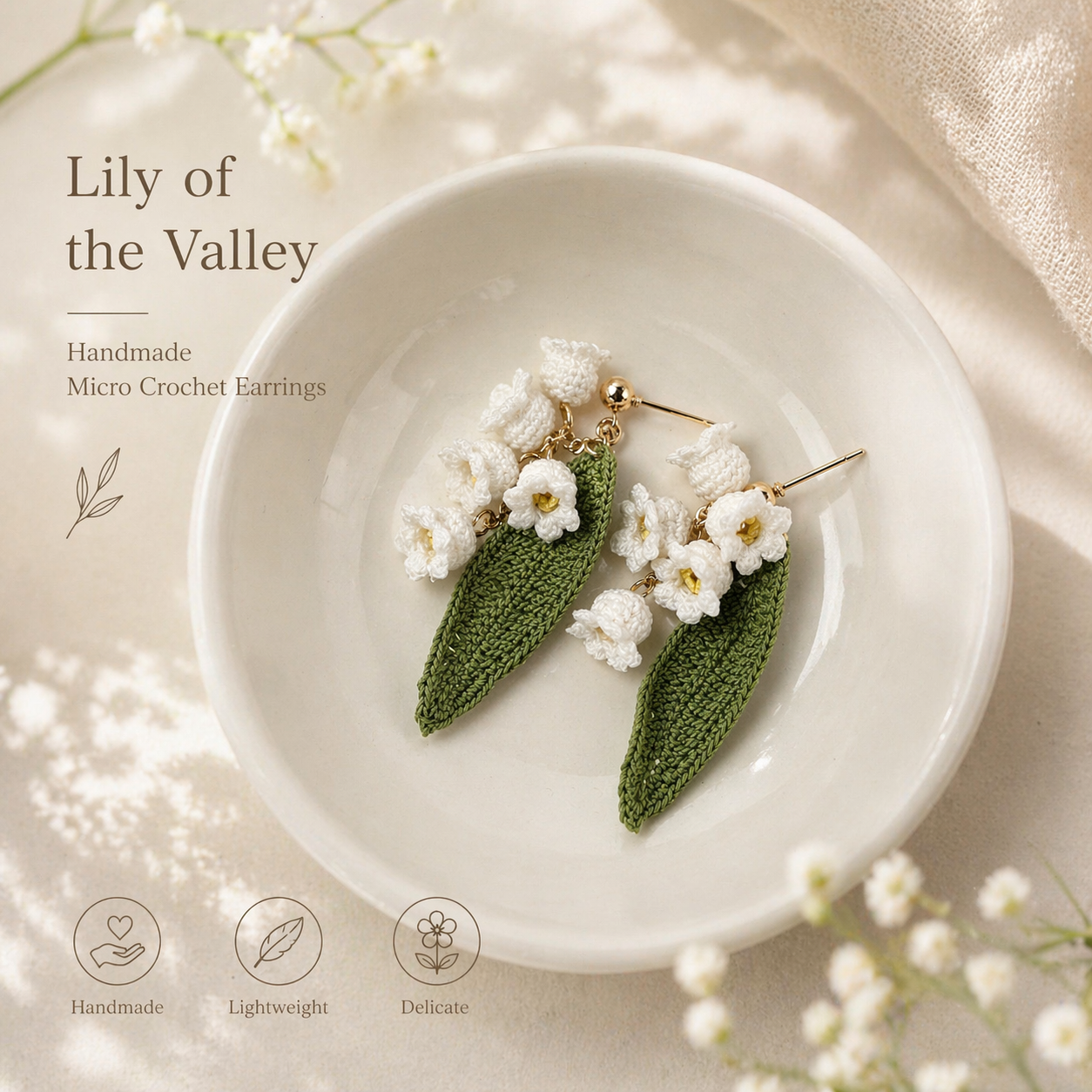 Lily of the Valley Earrings, Handmade Micro Crochet Flower Earrings, Delicate Floral Jewelry, Lightweight Gift for Her