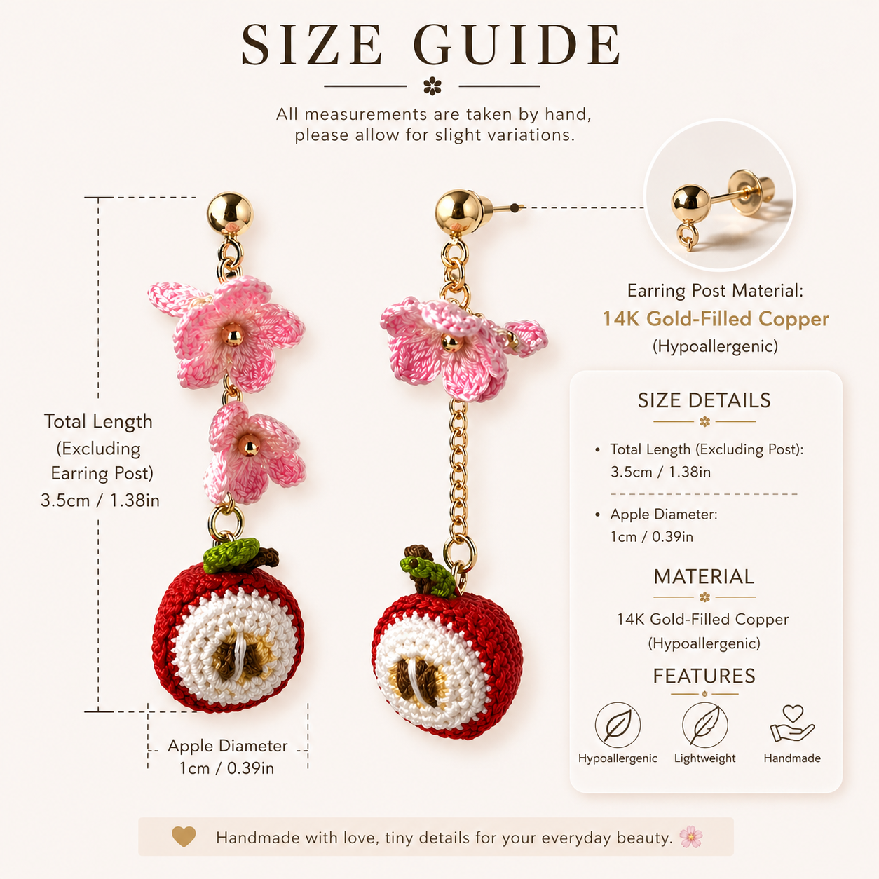 Cute Apple Earrings 🍎 Flower Crochet Dangle | Kawaii Handmade Jewelry | Tiny Fruit Earrings | Gift for Her