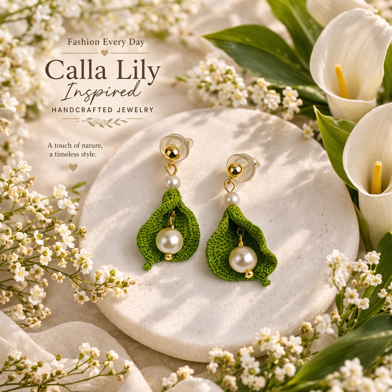 Hand Crocheted Calla Lily Earrings, Micro Crochet Flower Earrings with 6mm faux pearl bead, Handmade Botanical Jewelry