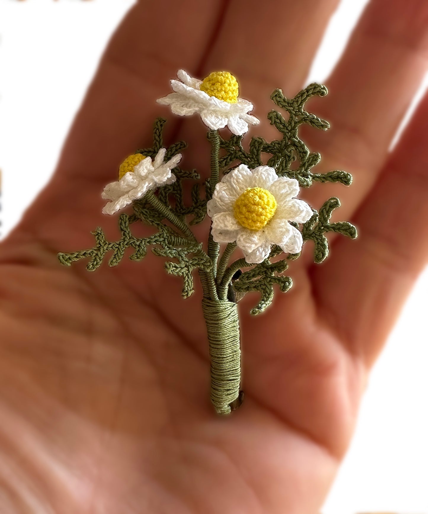 Handmade Micro Crochet Daisy Brooch – White & Yellow Flower Pin