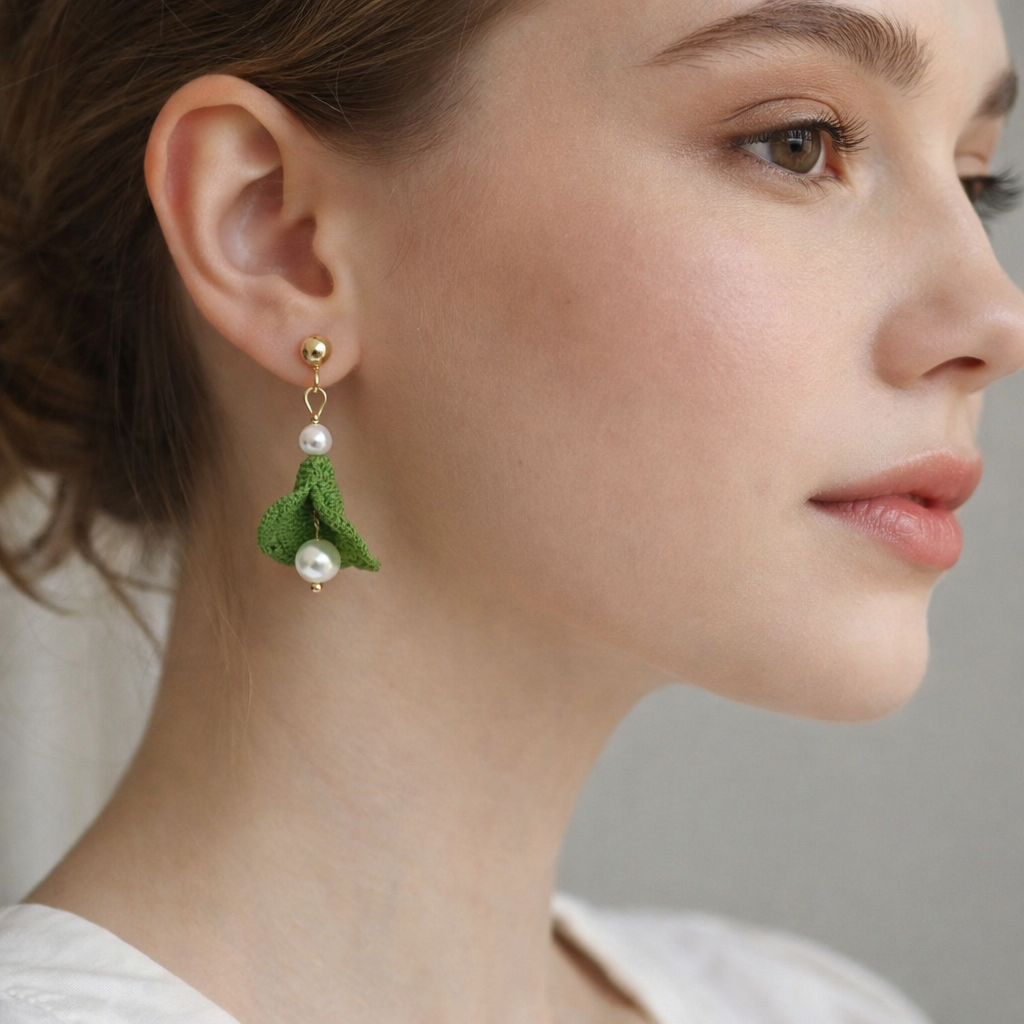 Hand Crocheted Calla Lily Earrings, Micro Crochet Flower Earrings with 6mm faux pearl bead, Handmade Botanical Jewelry