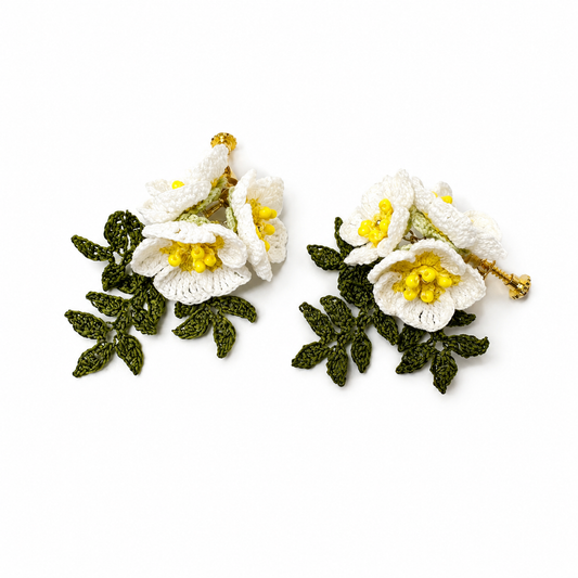 Woodland Wildflower Clip-On Earrings, Handmade Crochet Floral Jewelry, White Flower Ear Clips, Cottagecore Botanical Gift