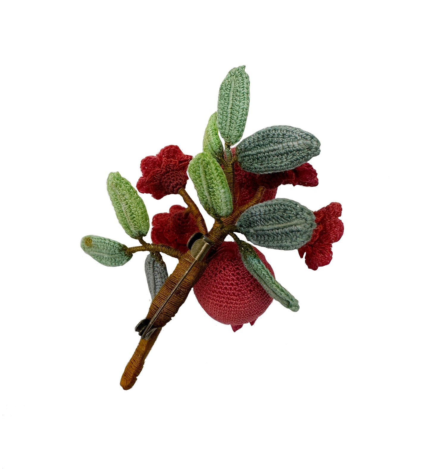 Micro Crochet Pomegranate Brooch – Handmade Tiny Fiber Art Pin, Nature-Inspired Gift for Women