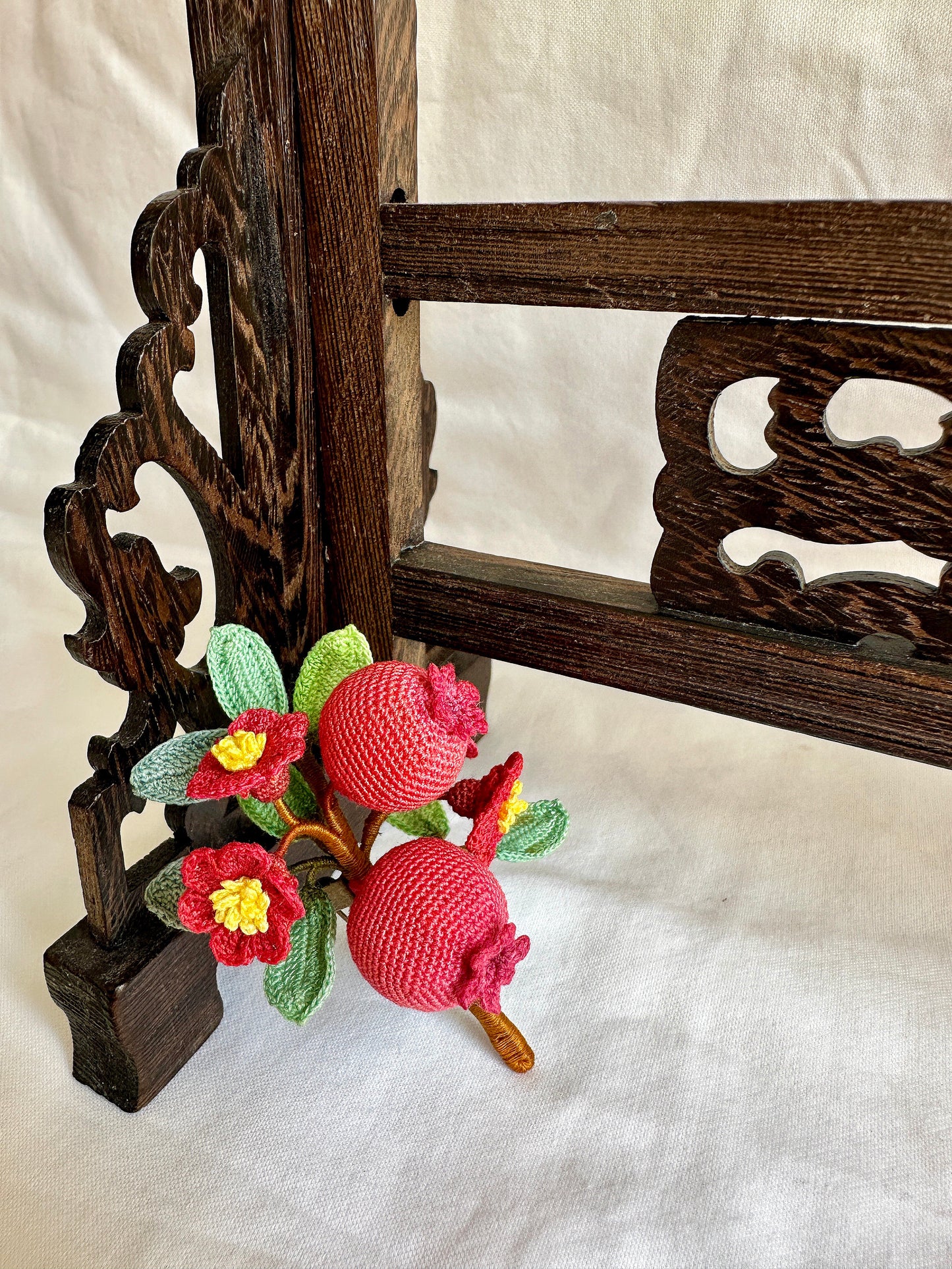 Micro Crochet Pomegranate Brooch – Handmade Tiny Fiber Art Pin, Nature-Inspired Gift for Women