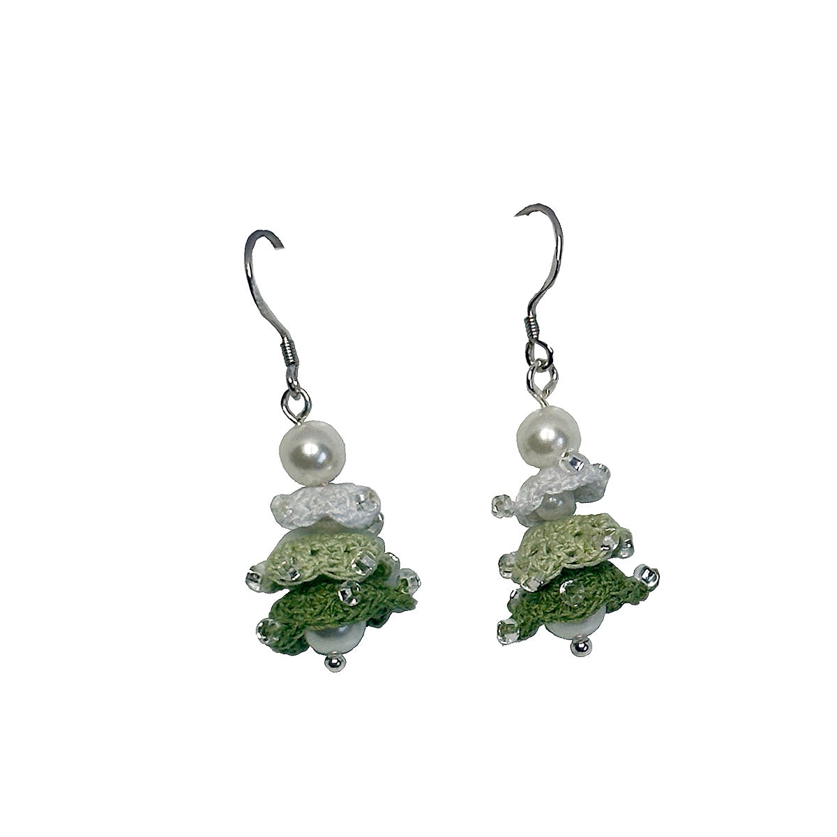 Handmade Crochet Christmas Tree Earrings — Green Micro-Crochet with Glass Beads — Lightweight Holiday Dangle Earrings
