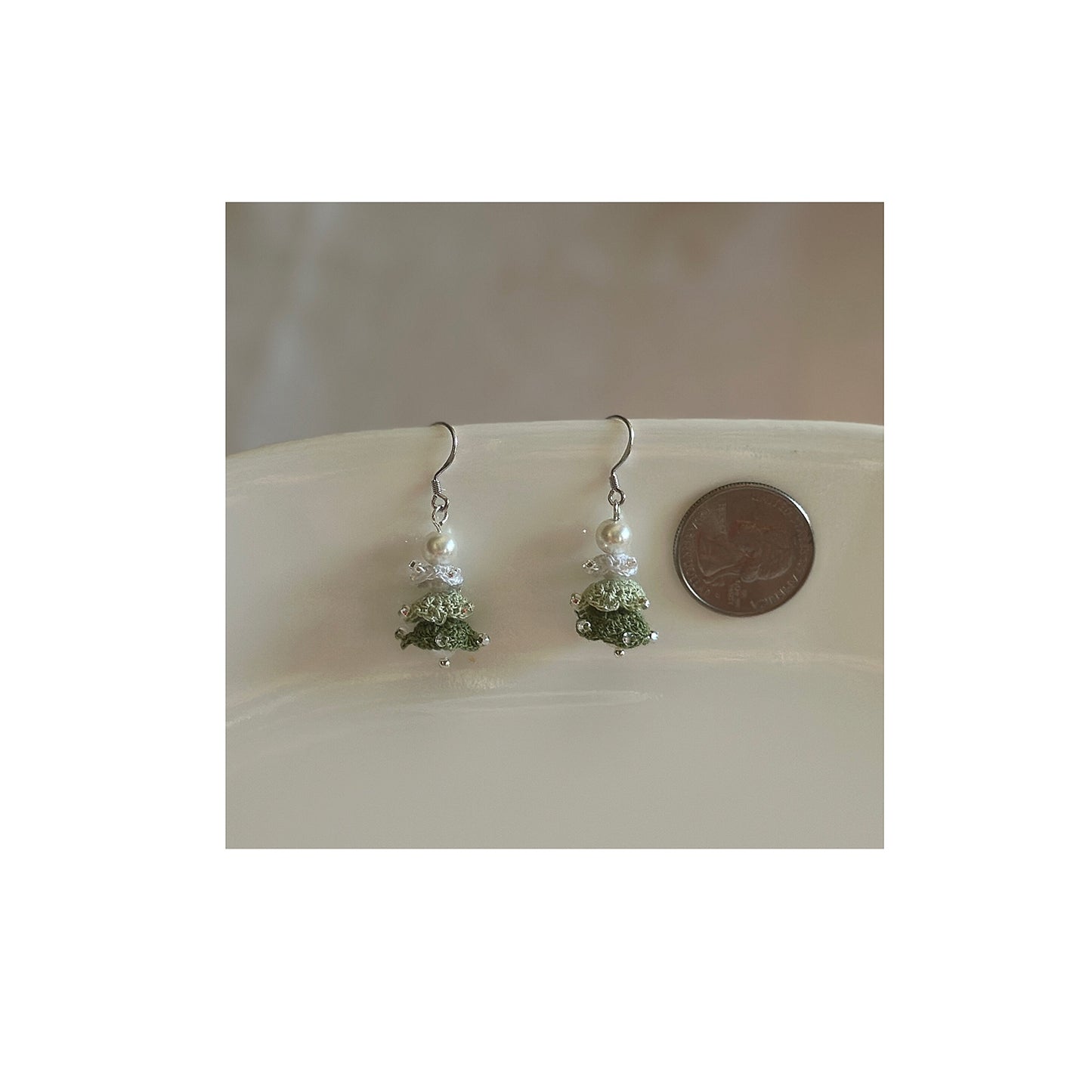 Handmade Crochet Christmas Tree Earrings — Green Micro-Crochet with Glass Beads — Lightweight Holiday Dangle Earrings