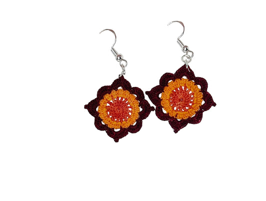 Boho Crochet Sunburst Dangle Earrings in Autumn Colors – Handmade Lightweight Statement Jewelry