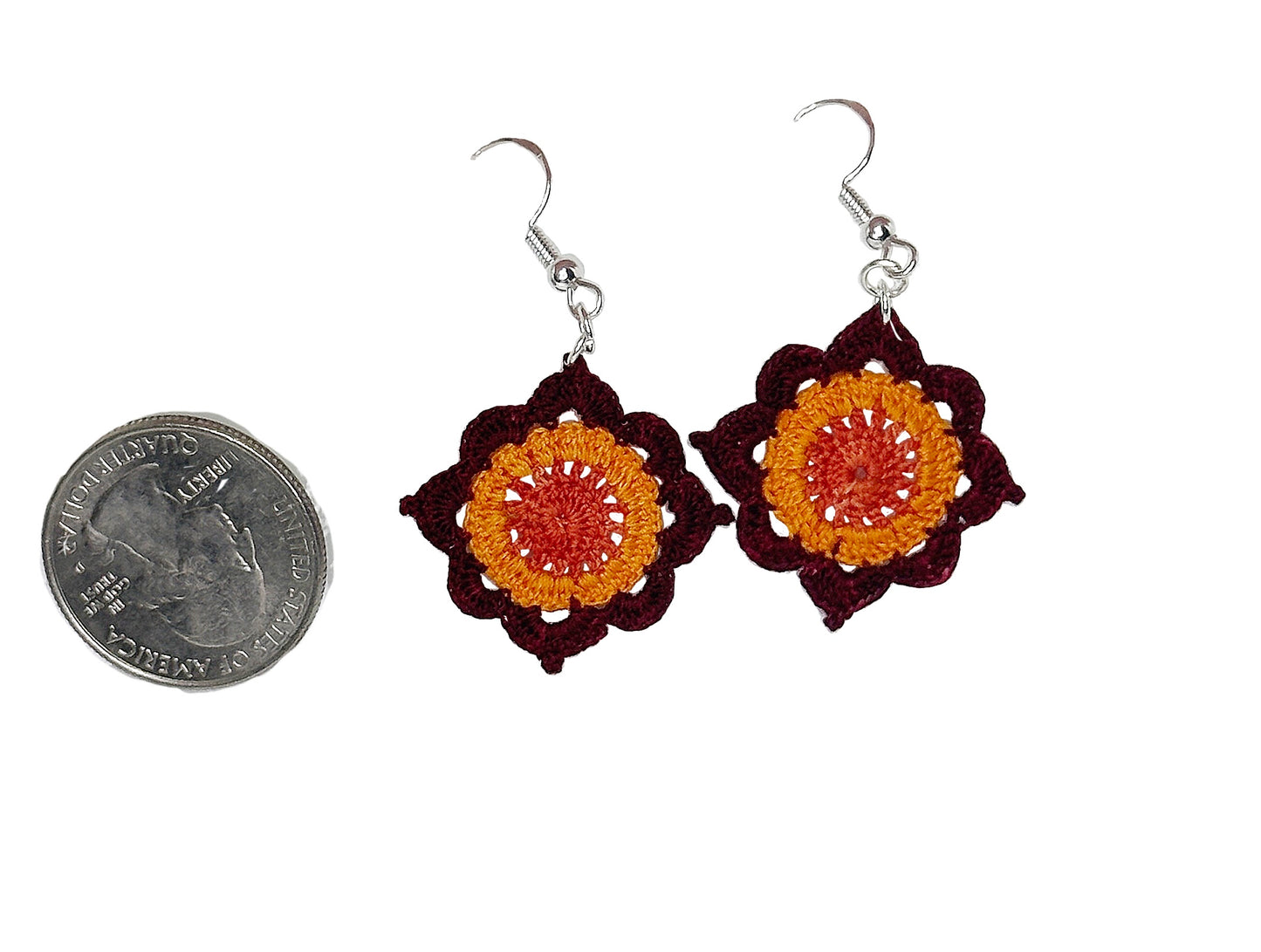 Boho Crochet Sunburst Dangle Earrings in Autumn Colors – Handmade Lightweight Statement Jewelry