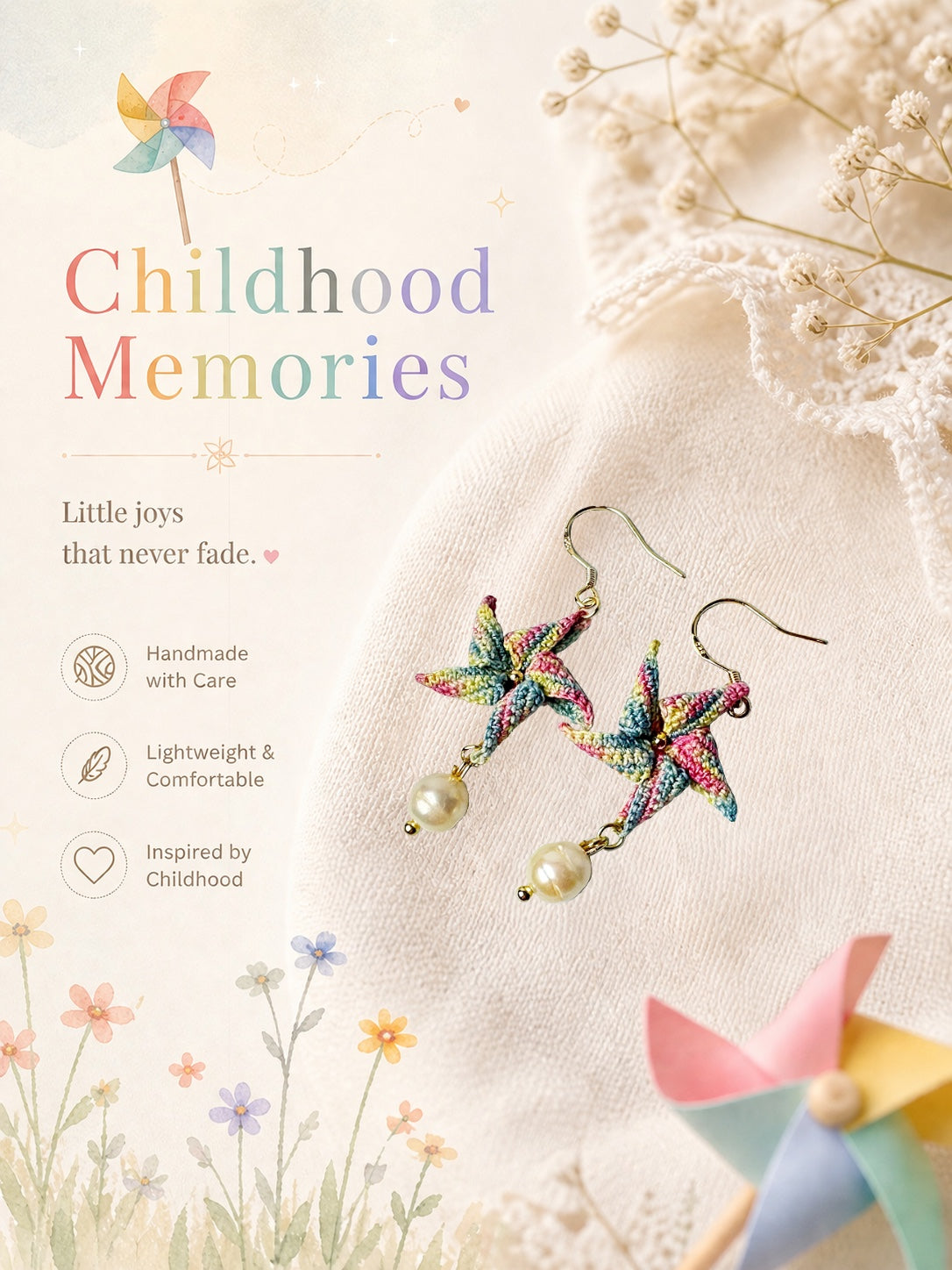 Crochet Pinwheel Earrings, Handmade Lightweight Earrings, Colorful Cute Earrings, Childhood Memories Inspired, Playful Summer Jewelry