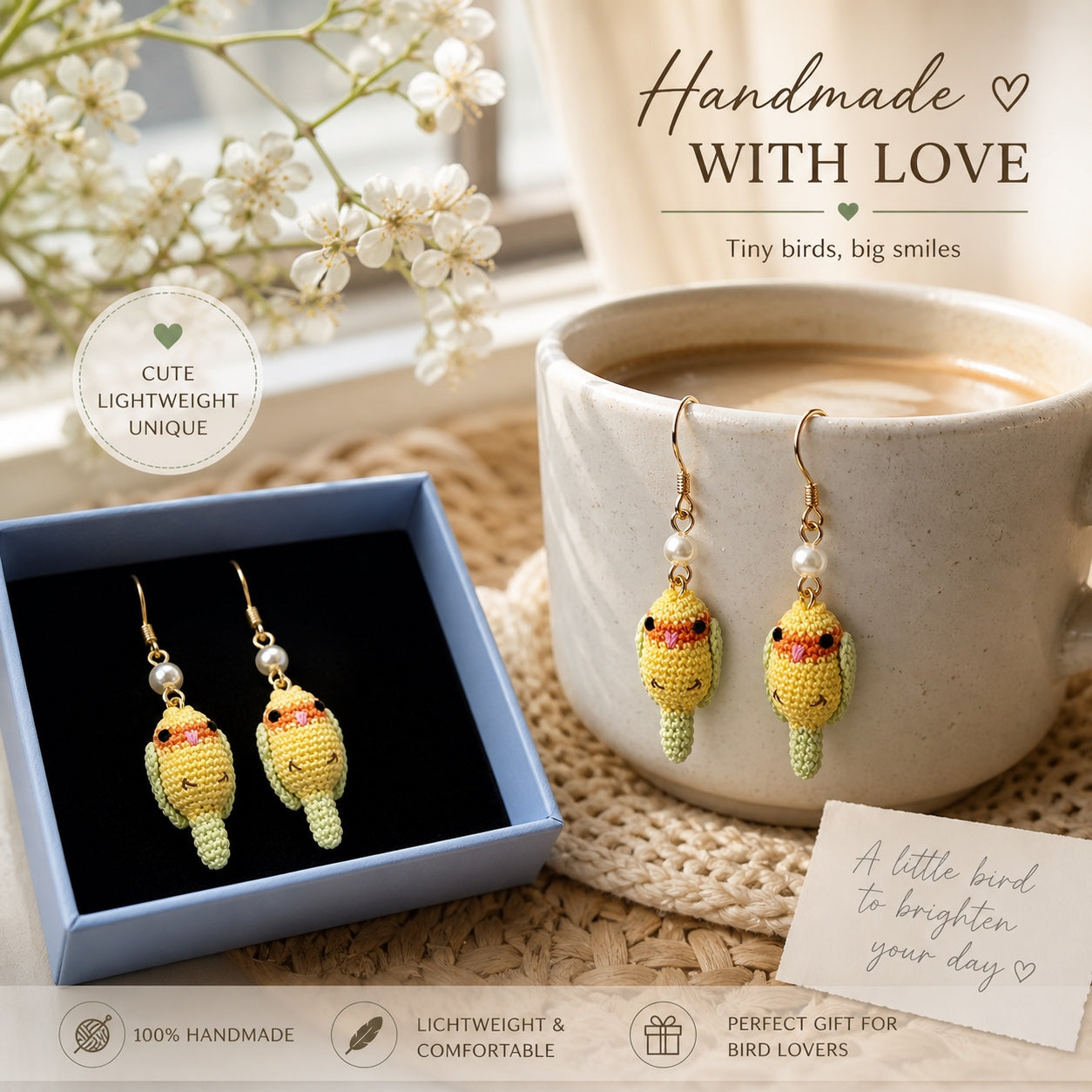 Crochet Bird Earrings, Handmade Tiny Bird Jewelry, Lightweight Cute Earrings, 14K Gold Filled Hooks, Gift for Bird Lovers