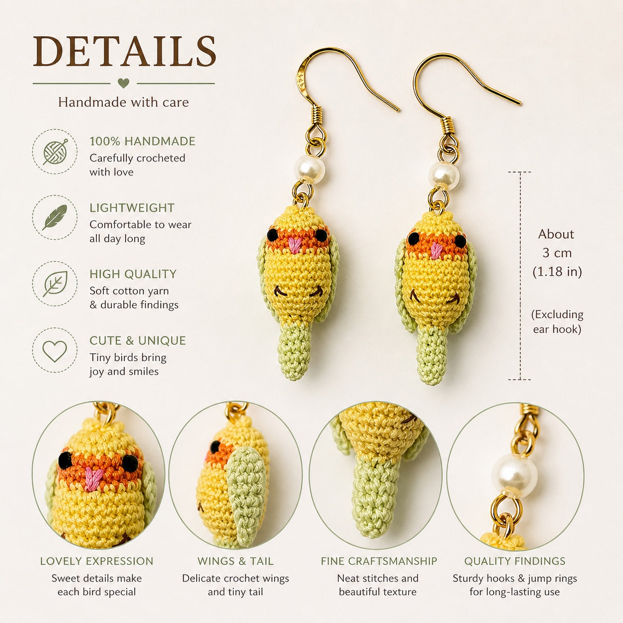 Crochet Bird Earrings, Handmade Tiny Bird Jewelry, Lightweight Cute Earrings, 14K Gold Filled Hooks, Gift for Bird Lovers
