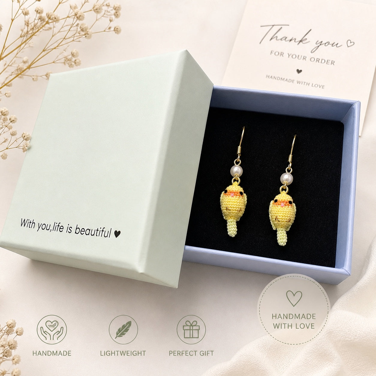 Crochet Bird Earrings, Handmade Tiny Bird Jewelry, Lightweight Cute Earrings, 14K Gold Filled Hooks, Gift for Bird Lovers