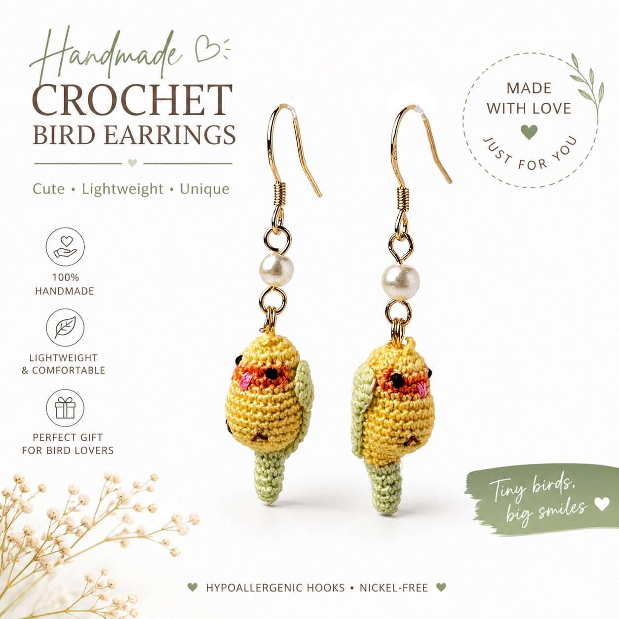 Crochet Bird Earrings, Handmade Tiny Bird Jewelry, Lightweight Cute Earrings, 14K Gold Filled Hooks, Gift for Bird Lovers