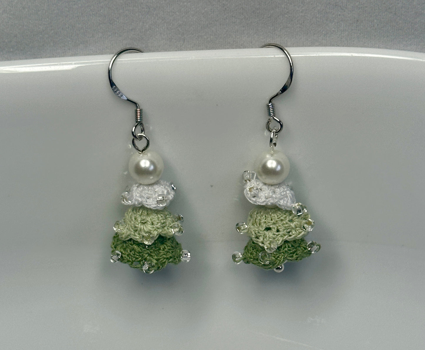 Handmade Crochet Christmas Tree Earrings — Green Micro-Crochet with Glass Beads — Lightweight Holiday Dangle Earrings