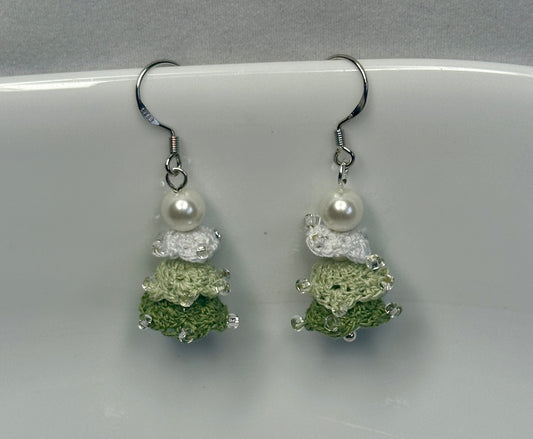 Handmade Crochet Christmas Tree Earrings — Green Micro-Crochet with Glass Beads — Lightweight Holiday Dangle Earrings