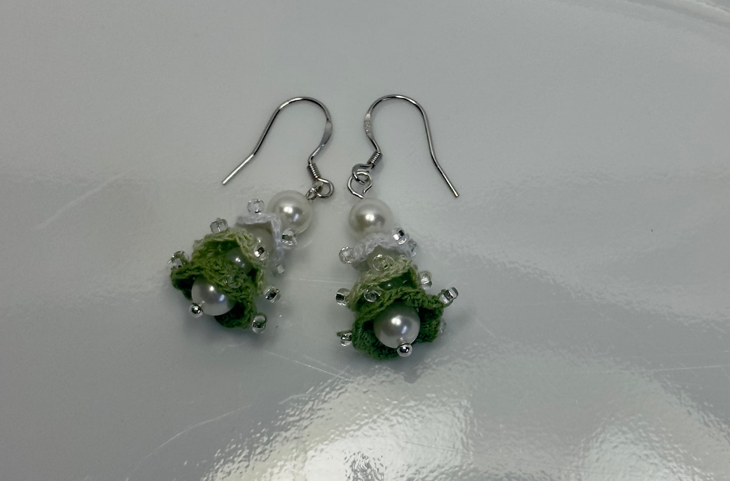 Handmade Crochet Christmas Tree Earrings — Green Micro-Crochet with Glass Beads — Lightweight Holiday Dangle Earrings